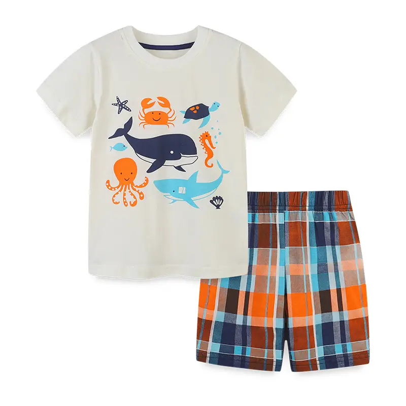 Kids Summer T-Shirt Shorts Set Ocean Print Plaid Shorts