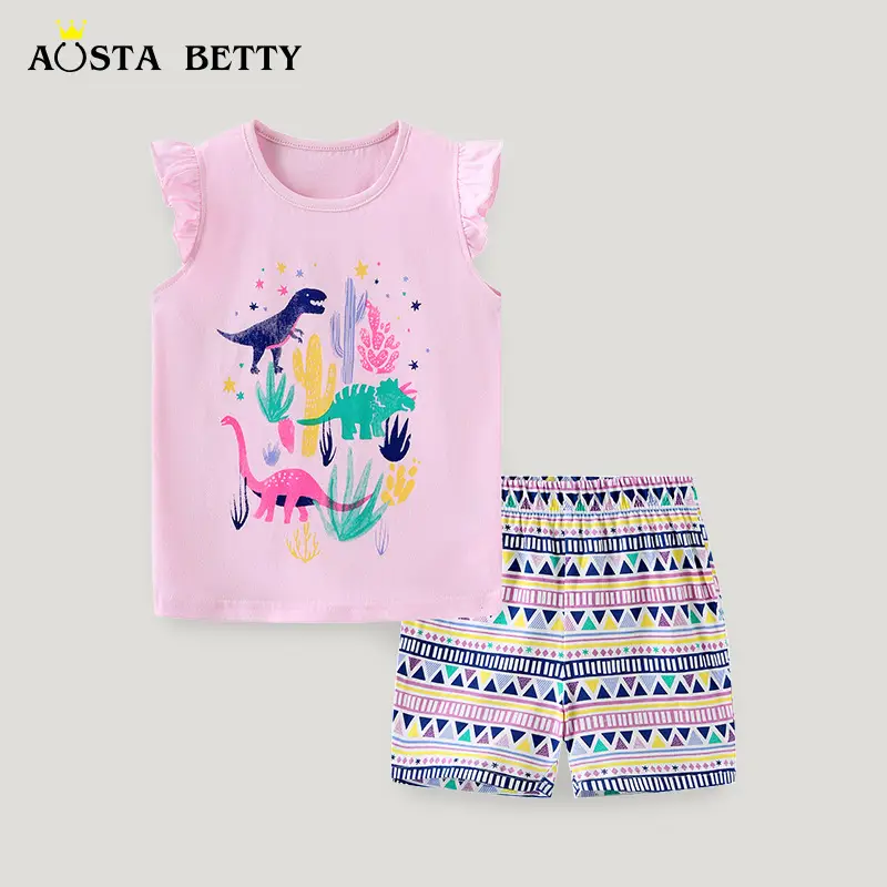 Kids Dinosaur Print 2-Piece Cotton Set Pink