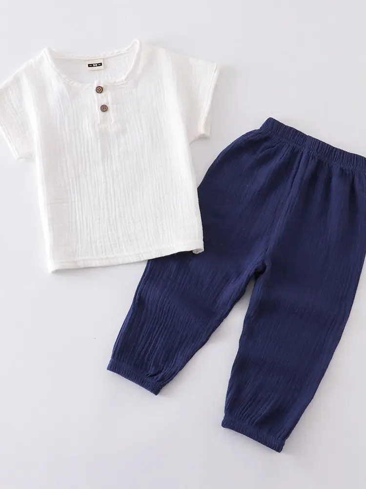 Kids Cotton Pajama Set White Blue Loose Fit Summer Wear