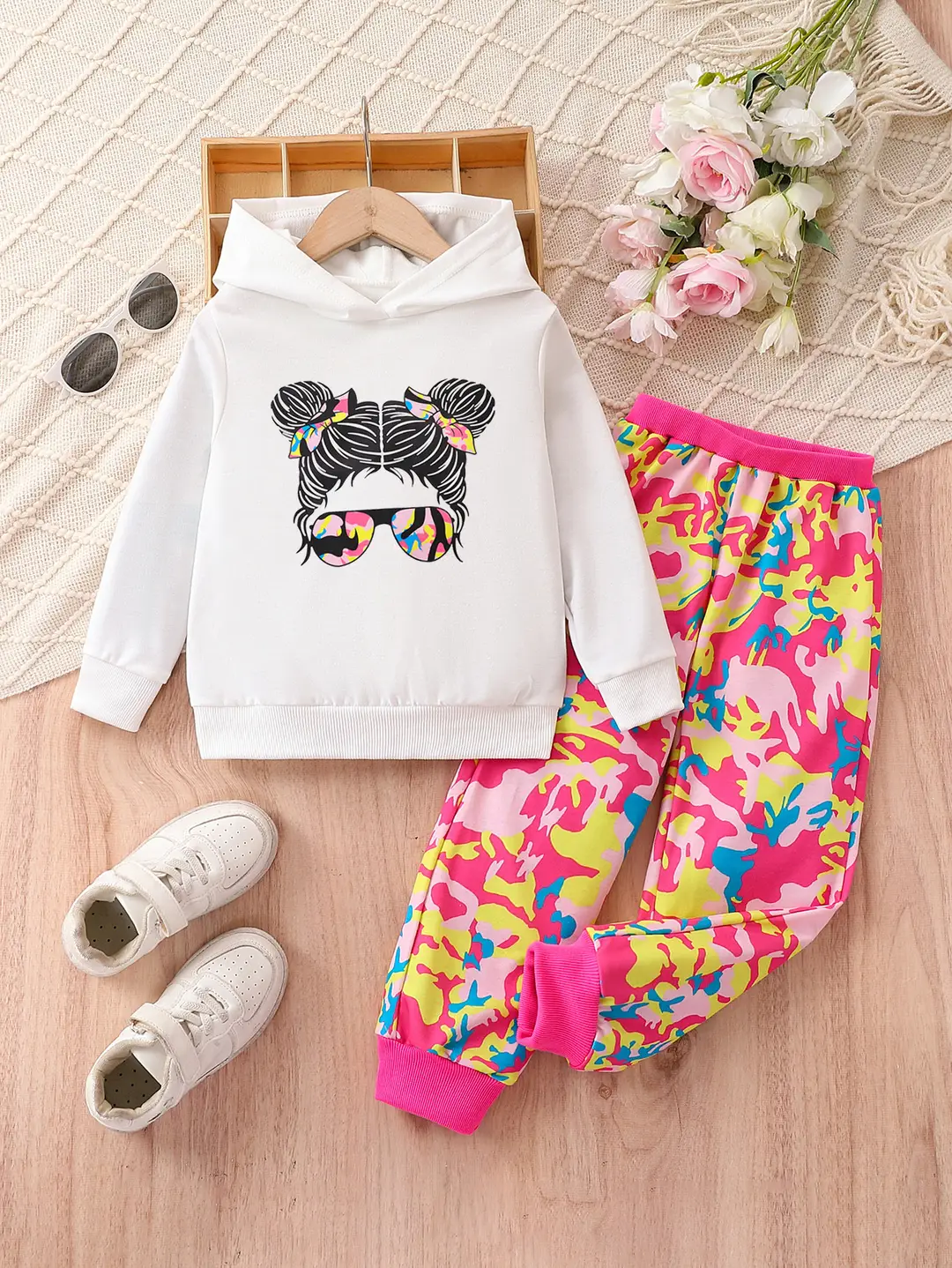 Kids Hooded Sweater Suit Pink Cartoon Print 1-5Y