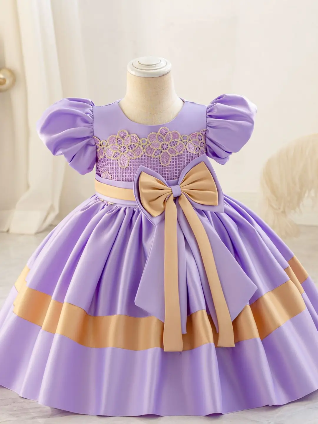 Purple Satin Princess Dress for Girls 3-5 Years with Gold Accents