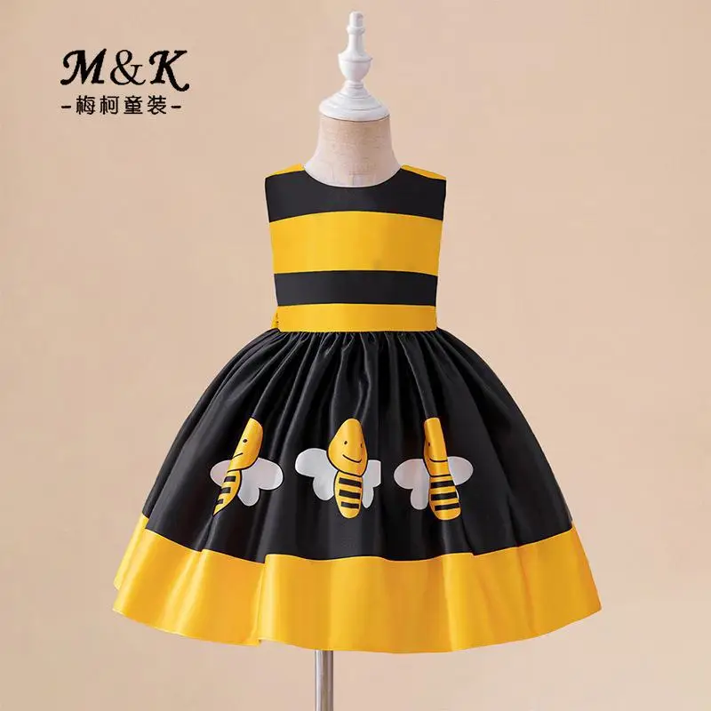 Bee Themed Yellow Black Satin Dress for Girls