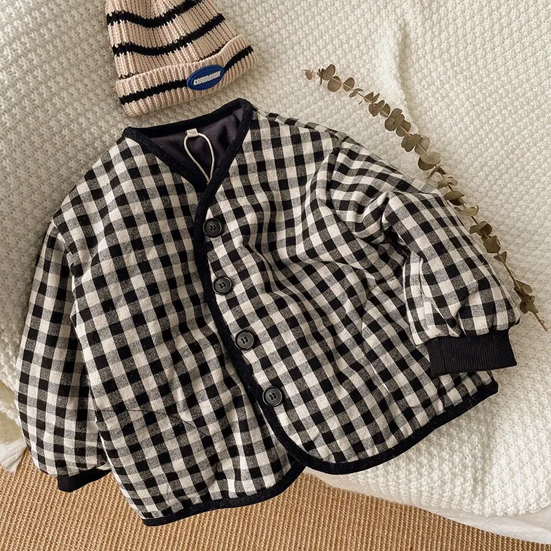 Kids Plaid Padded Jacket Black White 80cm
