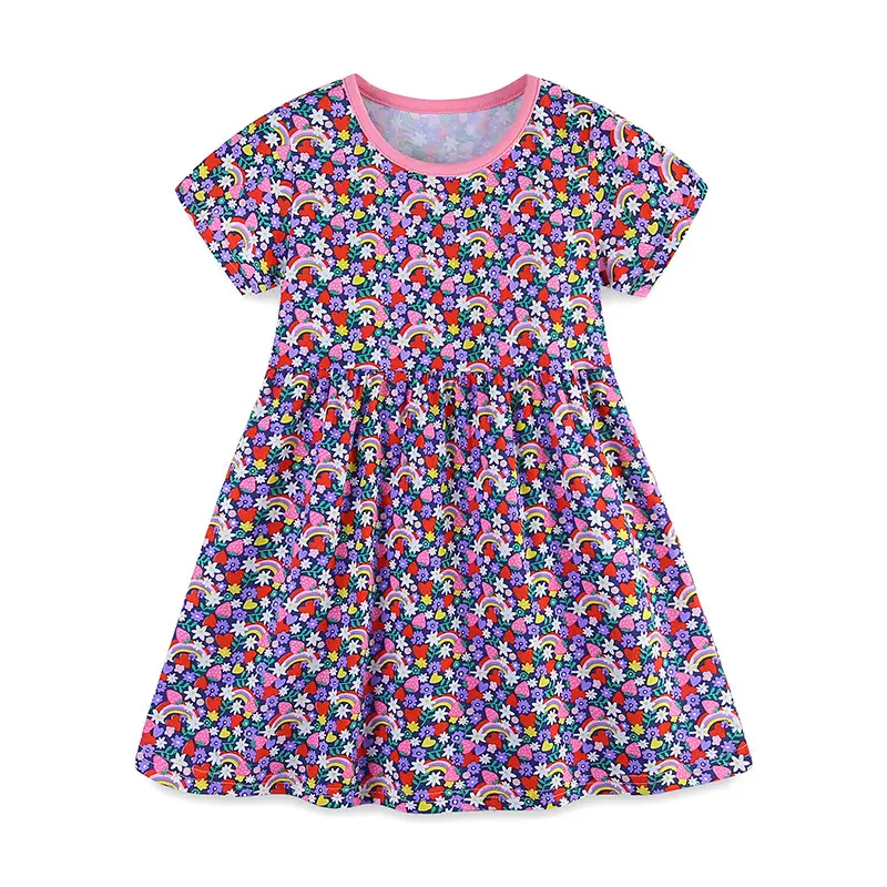 Princess Dress Rainbow Floral Print for Girls Summer Wear