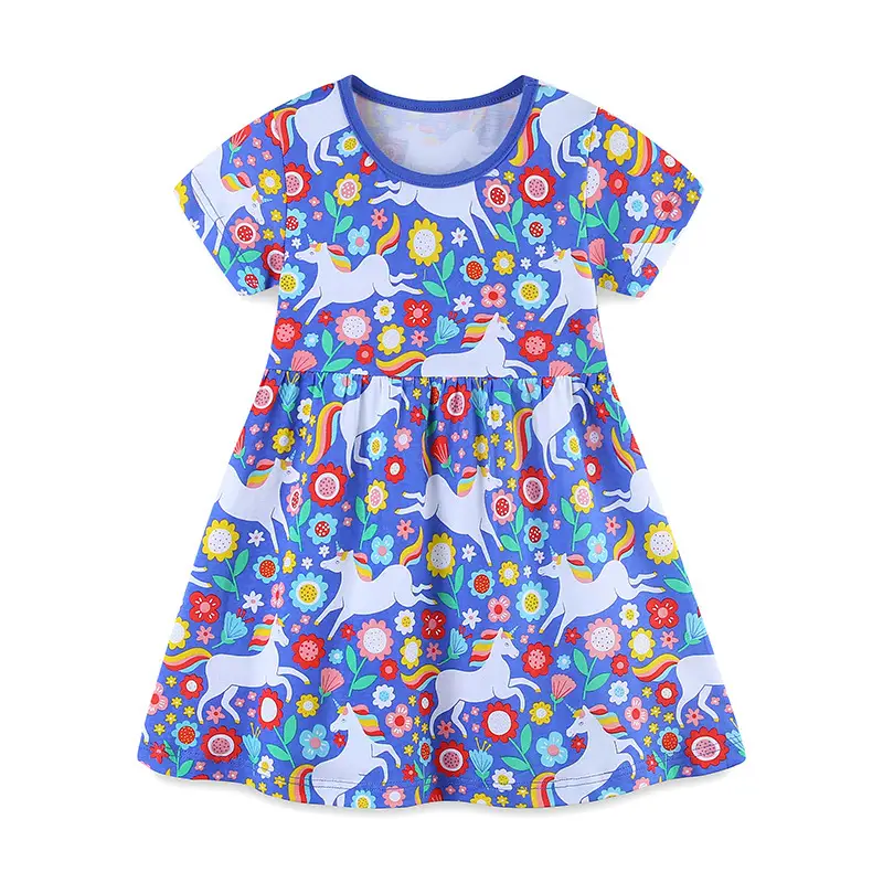 Kids Unicorn Floral Dress Blue Cotton Summer Wear