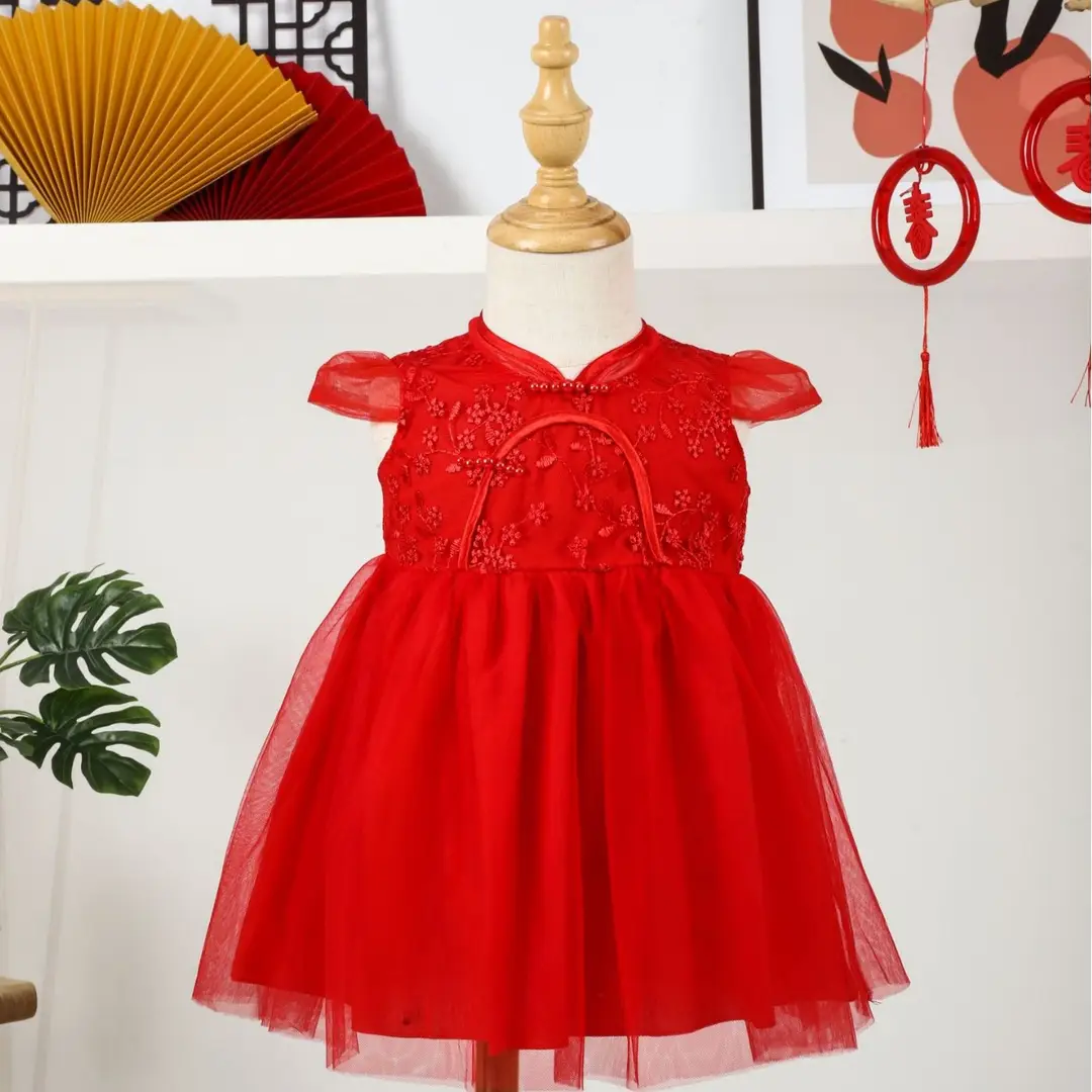 Red Embroidered Princess Dress for Girls 100-Day Celebration