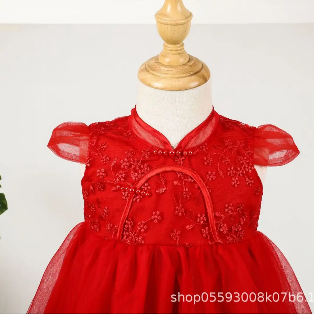 Red Embroidered Princess Dress for Girls 100-Day Celebration