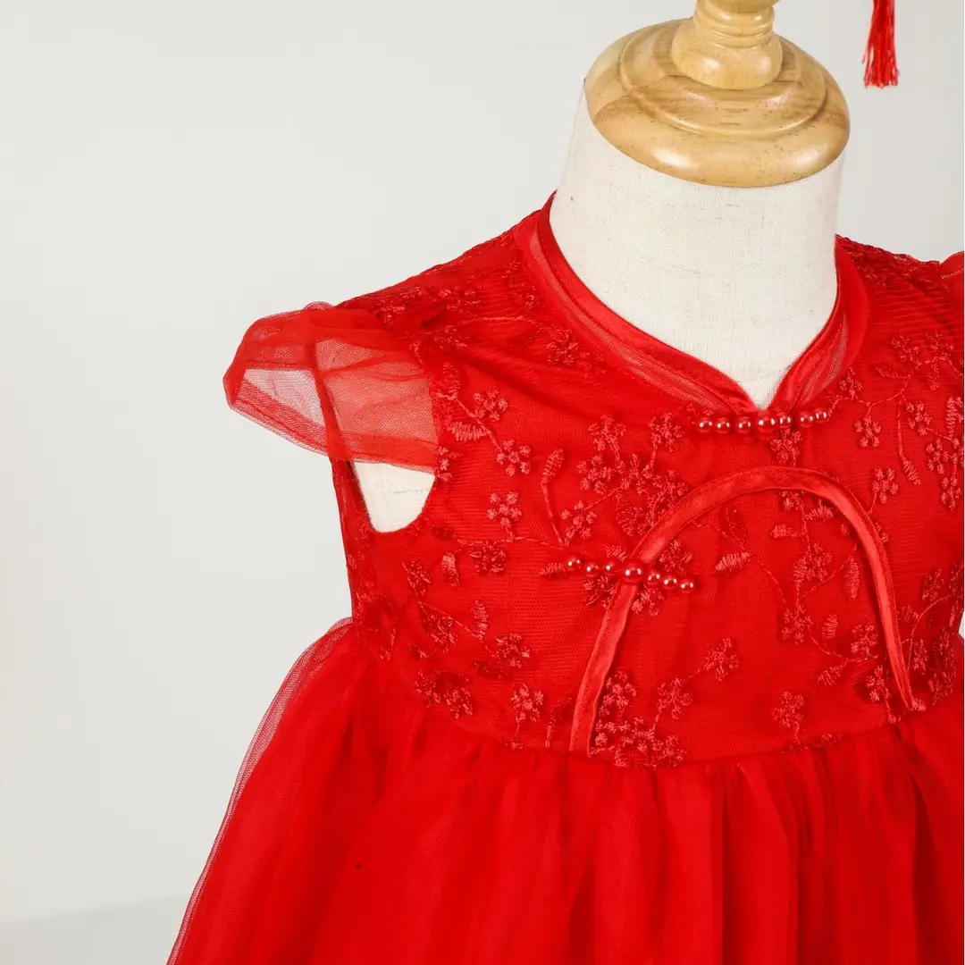 Red Embroidered Princess Dress for Girls 100-Day Celebration