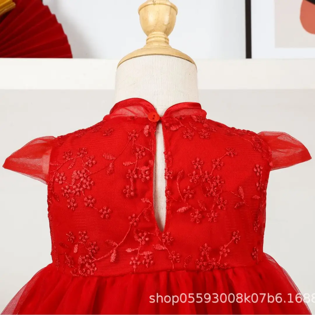 Red Embroidered Princess Dress for Girls 100-Day Celebration