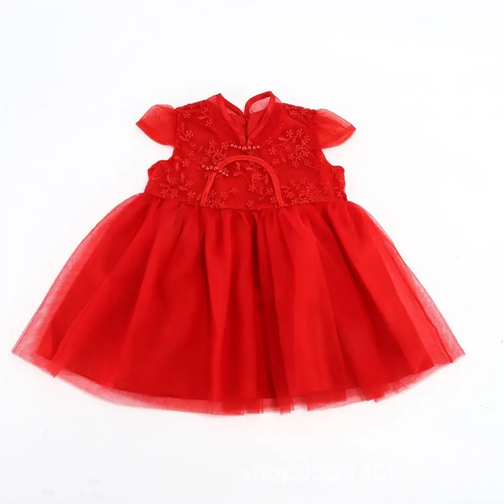 Red Embroidered Princess Dress for Girls 100-Day Celebration