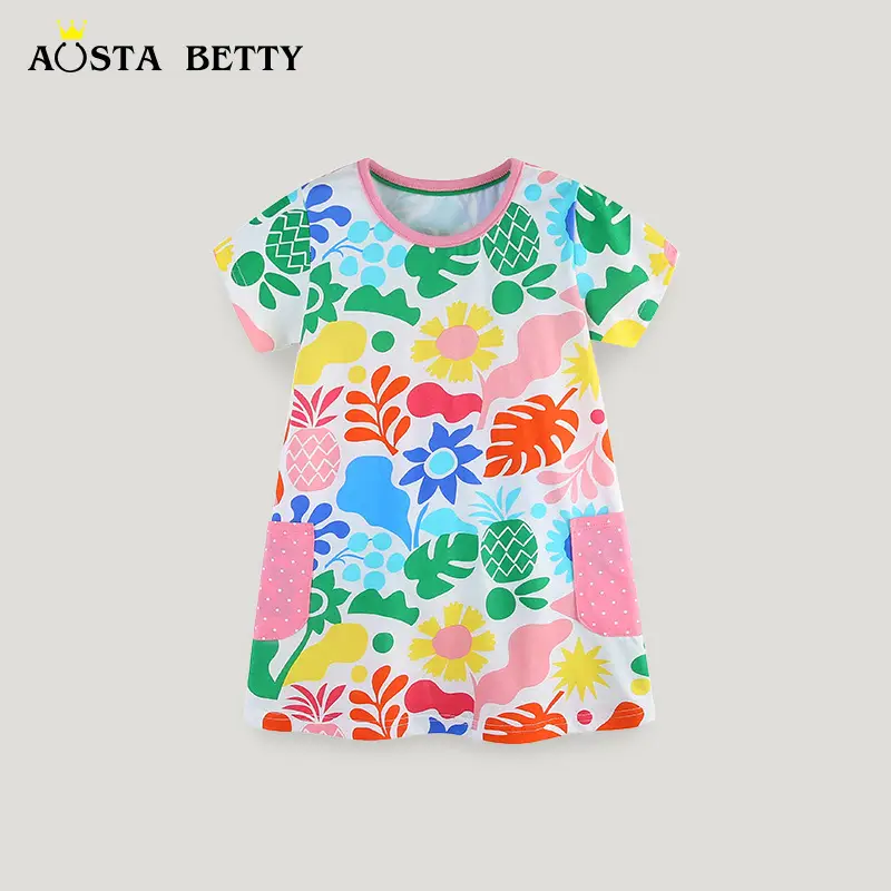 Kids Cartoon Floral Dress Summer Wear Pink Trim