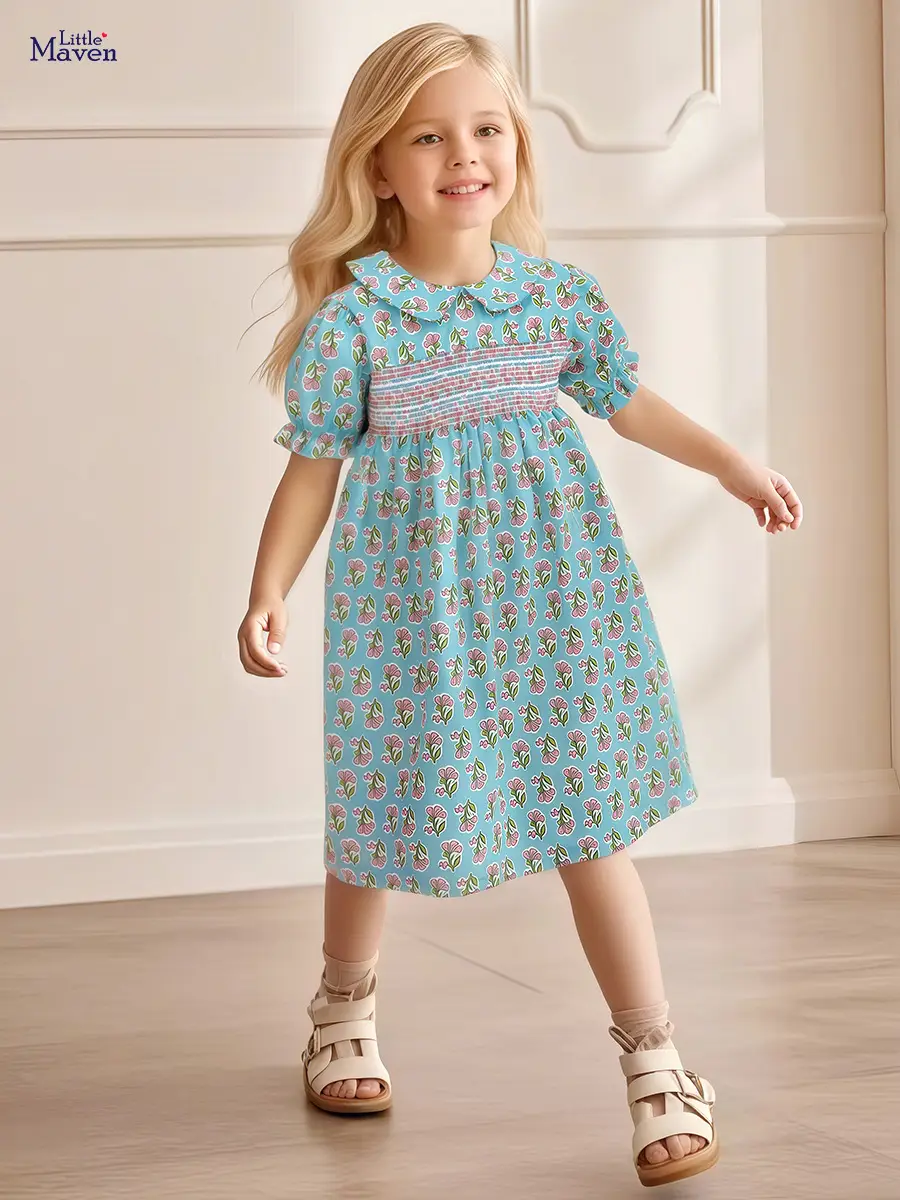 Cotton Floral Summer Dress for Little Girl Blue Pink