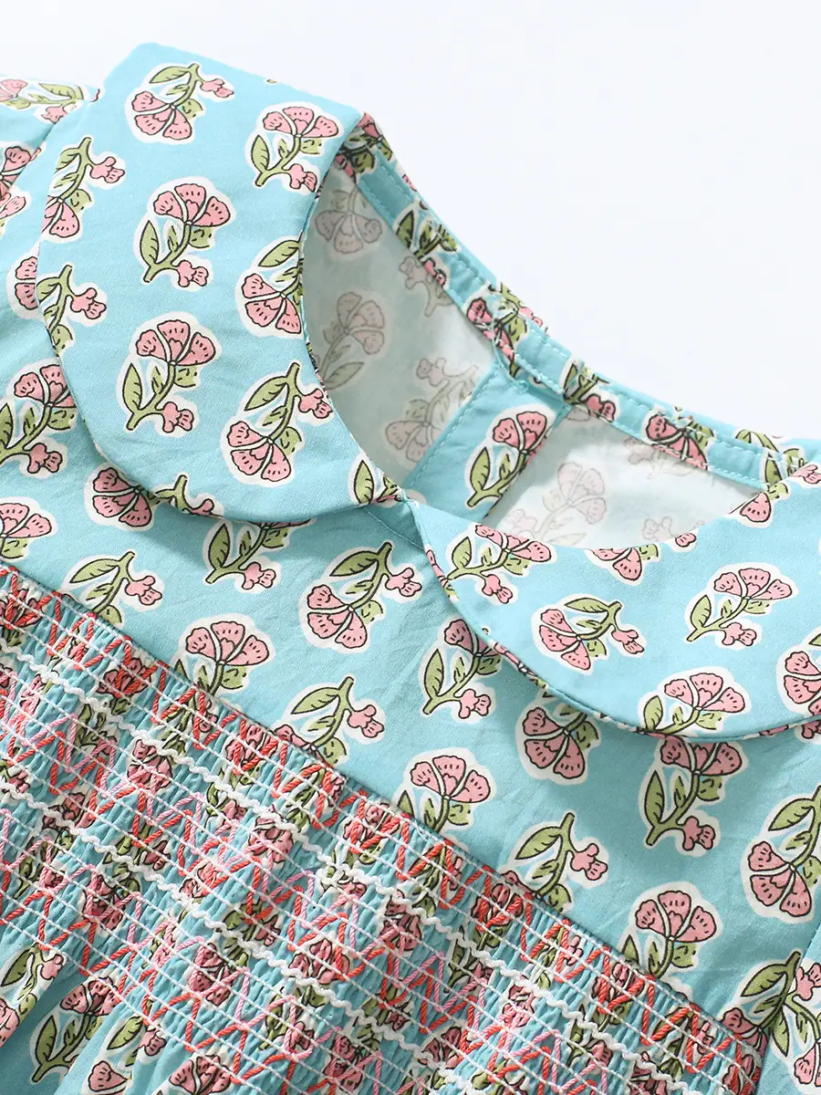 Cotton Floral Summer Dress for Little Girl Blue Pink