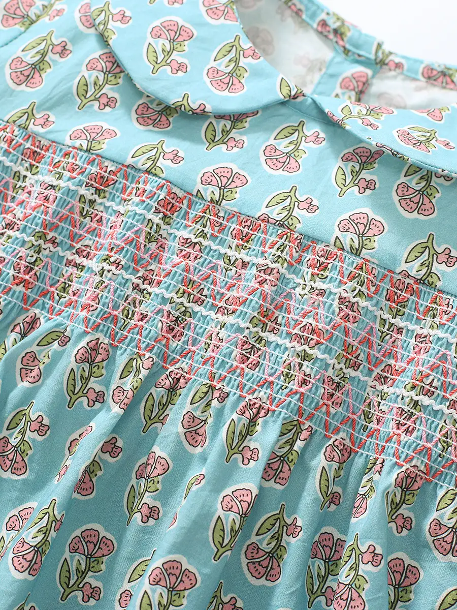 Cotton Floral Summer Dress for Little Girl Blue Pink