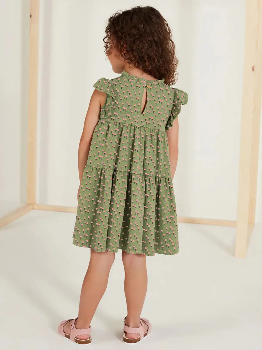Girls Floral Green Dress with Ruffled Sleeves & Tiered Skirt