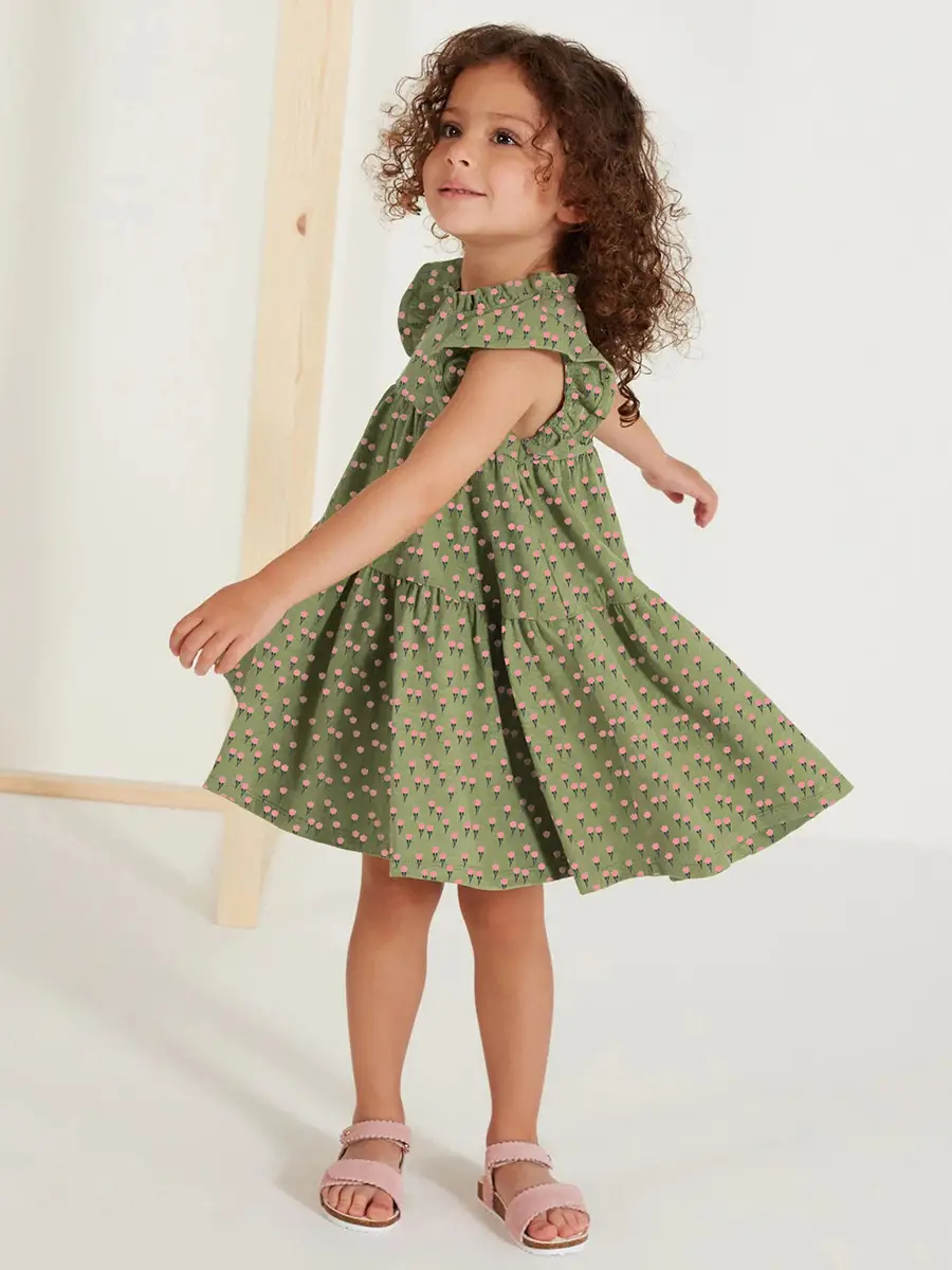 Girls Floral Green Dress with Ruffled Sleeves & Tiered Skirt