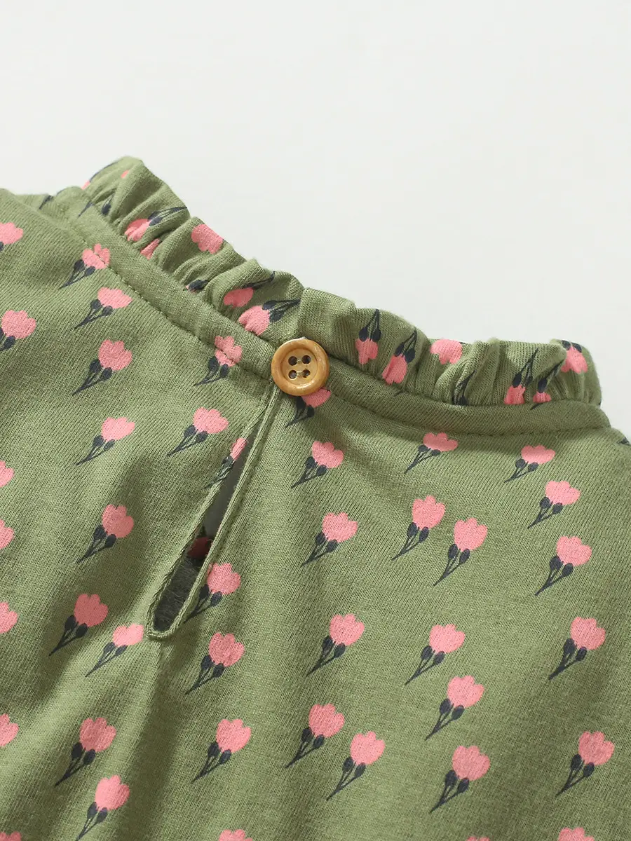 Girls Floral Green Dress with Ruffled Sleeves & Tiered Skirt