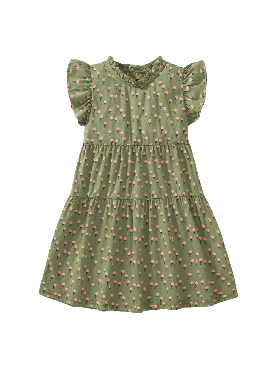 Girls Floral Green Dress with Ruffled Sleeves & Tiered Skirt