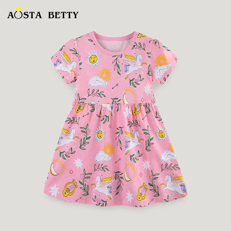 Pink Unicorn Print Kids Dress for Summer