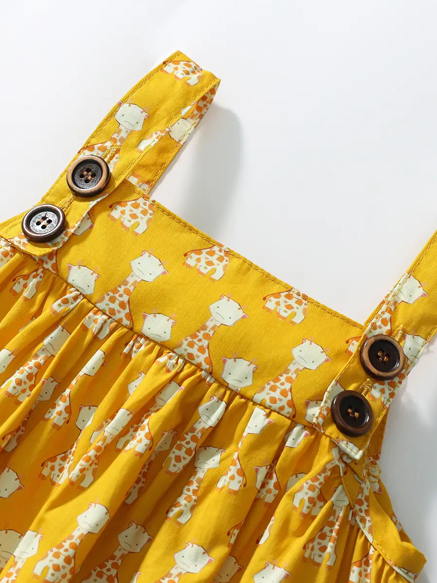 Yellow Giraffe Print Cotton Dress for Girls Summer