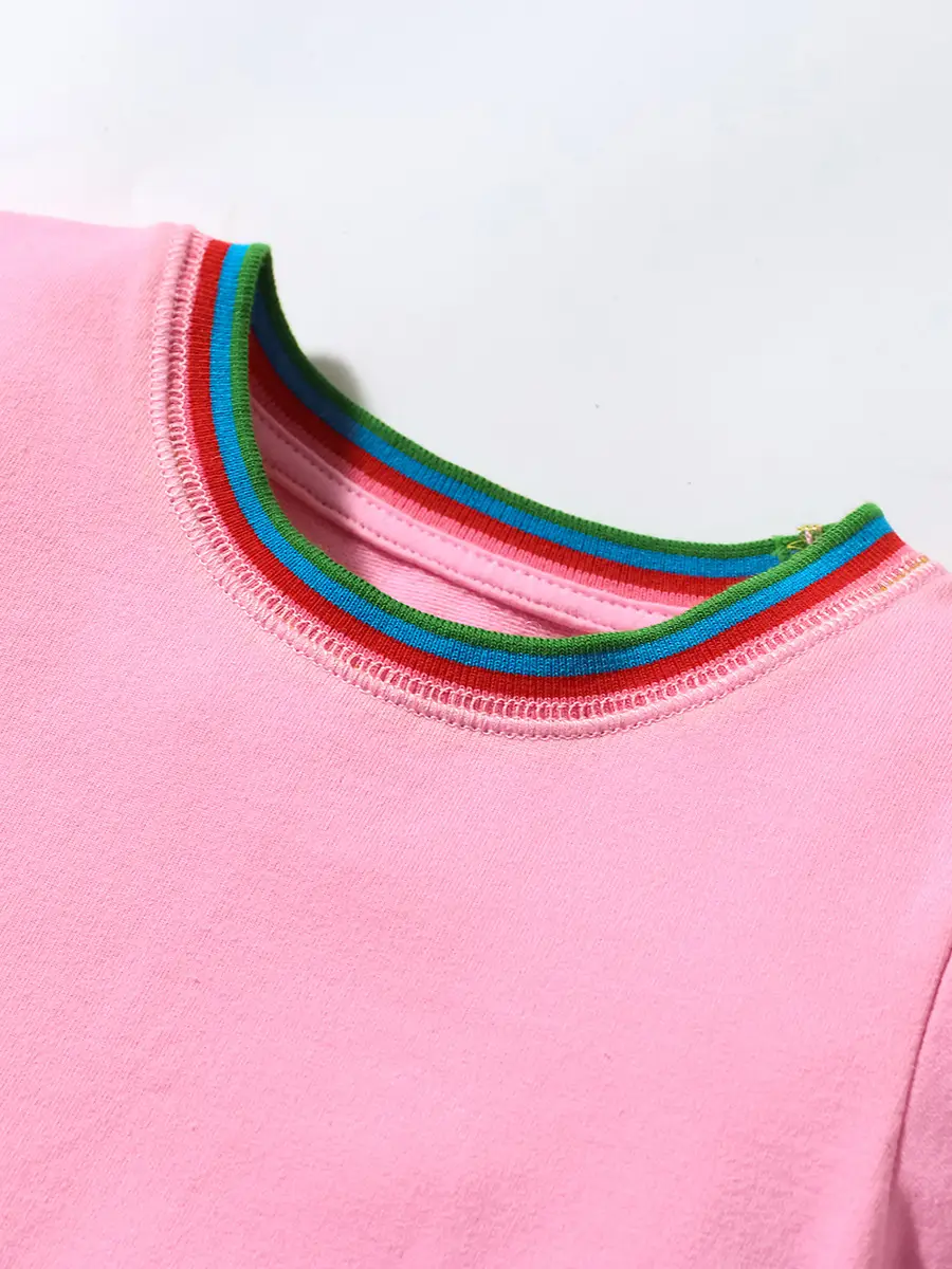 Pink Cotton T-Shirt for Kids with Rainbow Stripes & Animal Embroidery