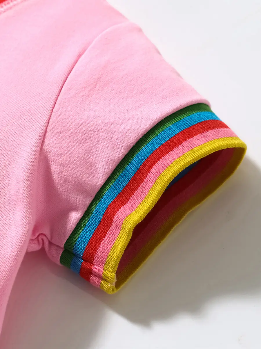 Pink Cotton T-Shirt for Kids with Rainbow Stripes & Animal Embroidery