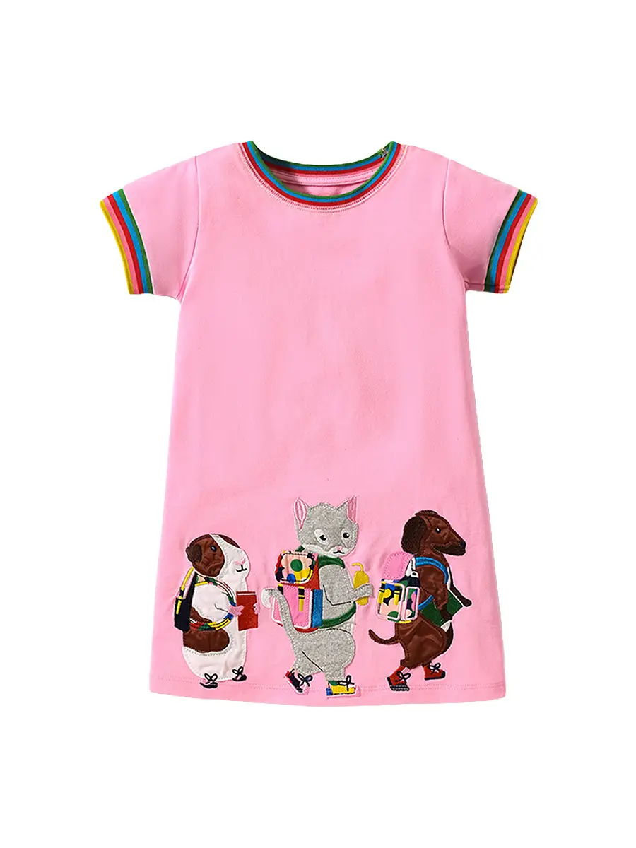 Pink Cotton T-Shirt for Kids with Rainbow Stripes & Animal Embroidery