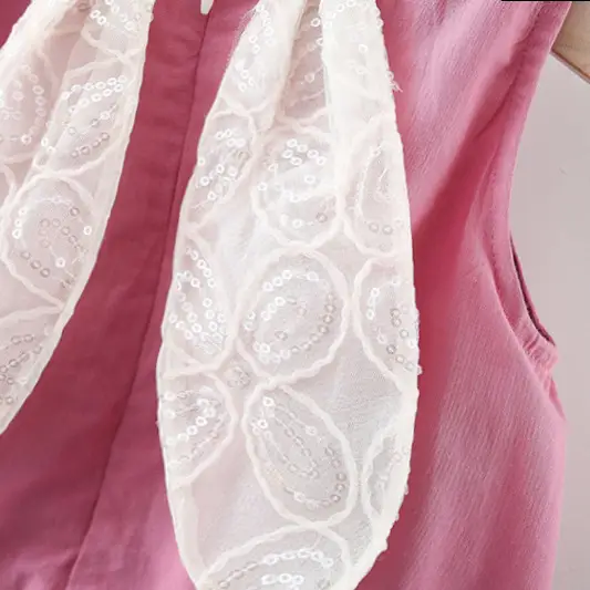Pink Rabbit Ears Dress for Girls with Lace & Tail