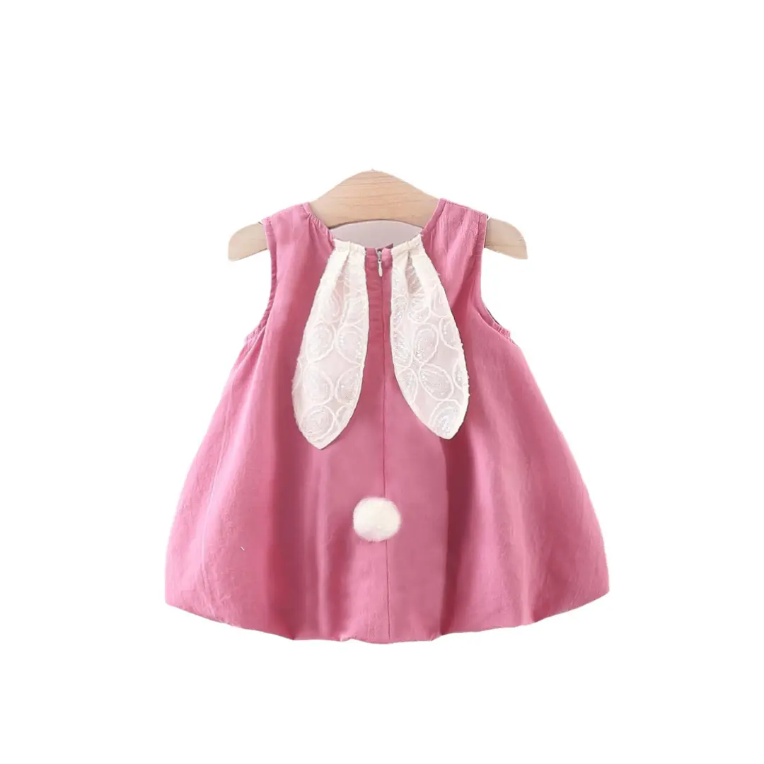 Pink Rabbit Ears Dress for Girls with Lace & Tail
