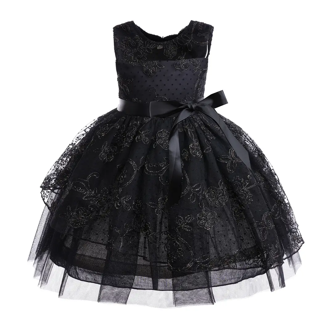 Black Princess Dress with Rose Embroidery & Mesh Skirt for Girls 3-8Y