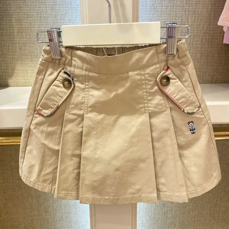 Khaki Pleated Kids Skirt with Bear Embroidery