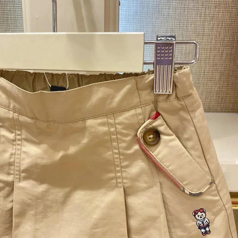 Khaki Pleated Kids Skirt with Bear Embroidery