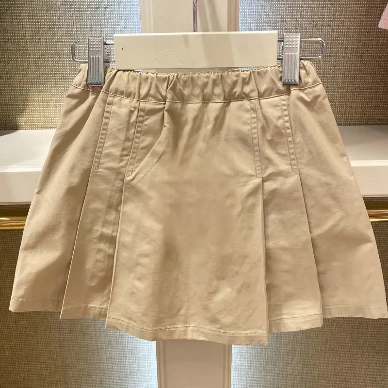 Khaki Pleated Kids Skirt with Bear Embroidery