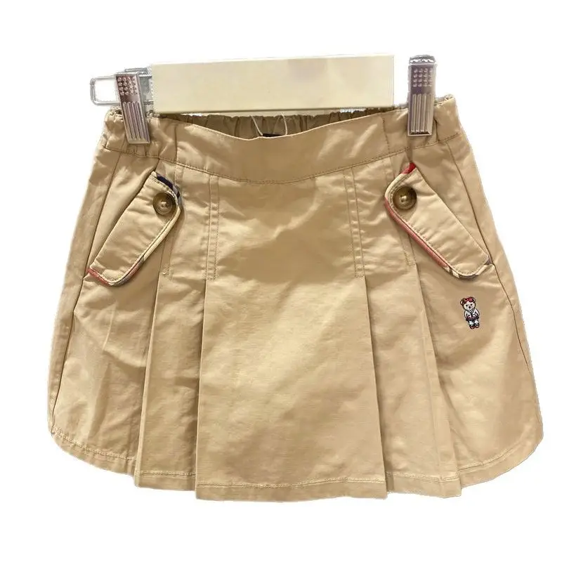 Khaki Pleated Kids Skirt with Bear Embroidery