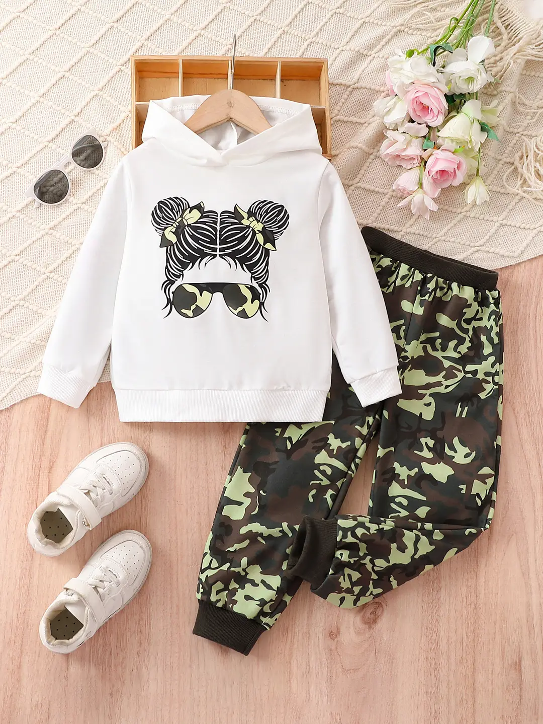 Kids Hoodie & Camouflage Pants Set Pink Purple