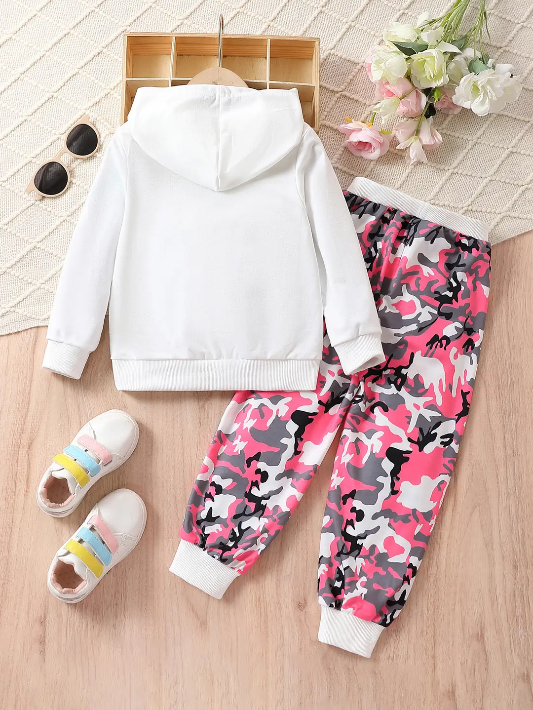 Kids Hoodie & Camouflage Pants Set Pink Purple