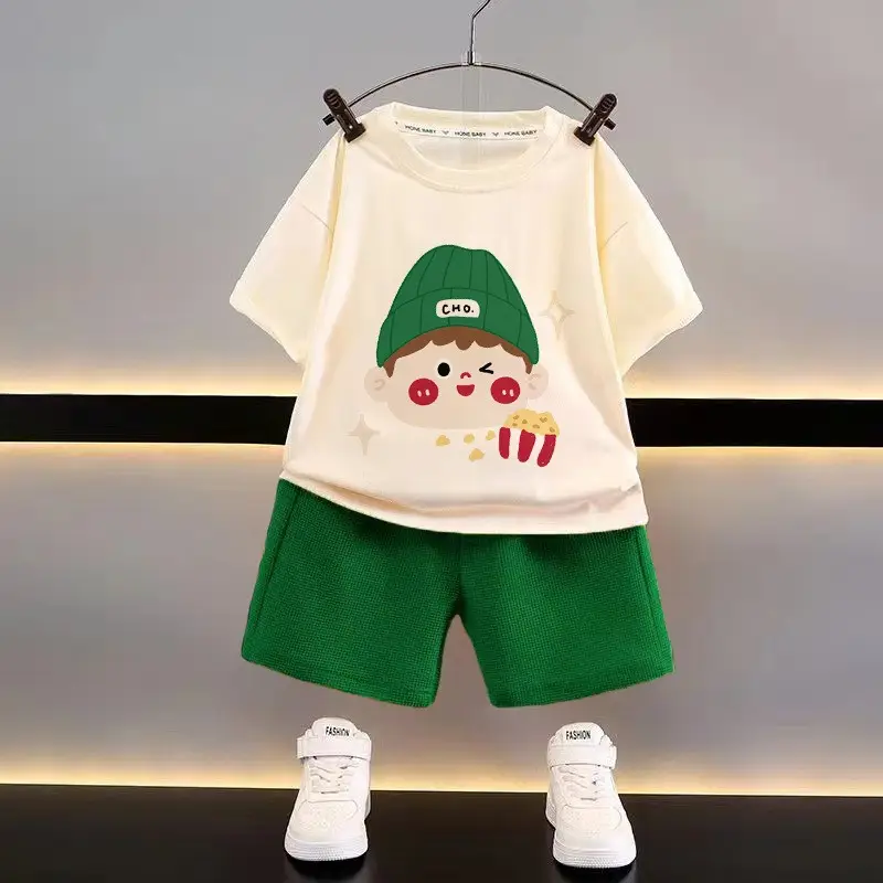 Kids Summer Suit White Yellow Cartoon Bear Hat Shorts