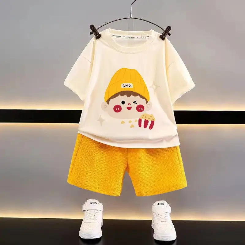 Kids Summer Suit Yellow Bear Print Cotton Shorts