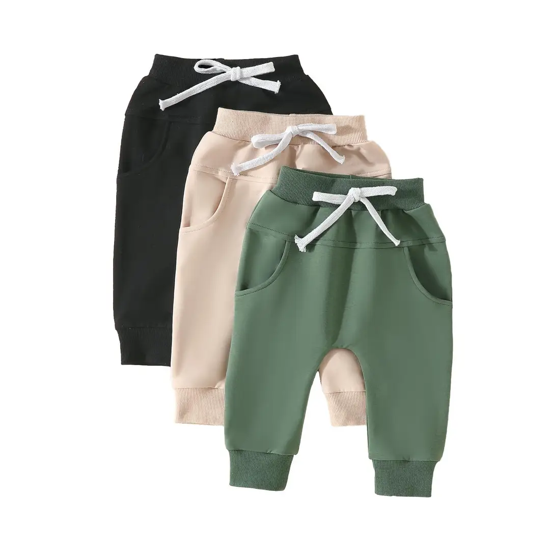 Kids Drawstring Jogger Pants Set Gray Green Beige