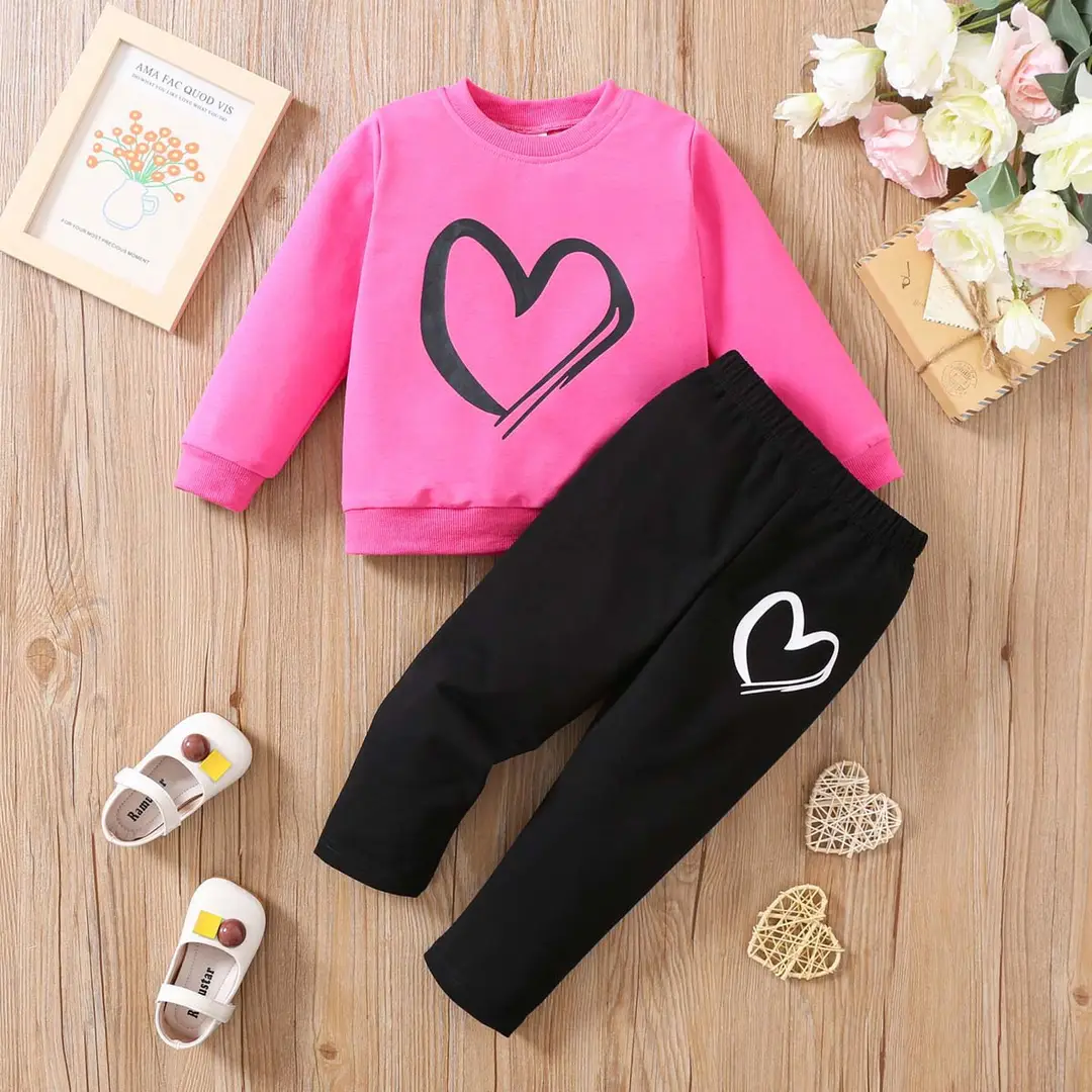Kids Heart Print Sweatshirt Set Pink Black Winter Warm