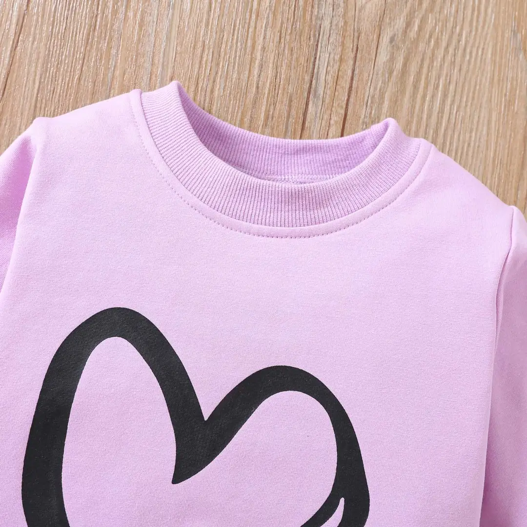 Kids Heart Print Sweatshirt Set Pink Black Winter Warm