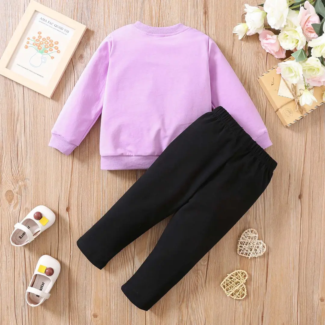 Kids Heart Print Sweatshirt Set Pink Black Winter Warm