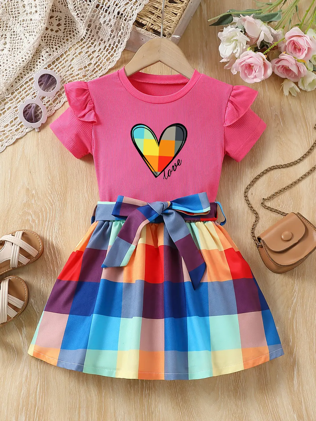 Kids Rainbow Heart Love Top & Plaid Skirt Set