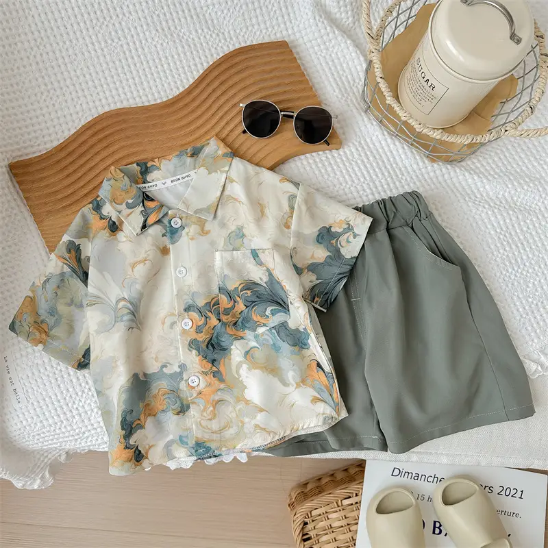 Kids Marbled Print Summer Suit Blue Orange Cream Shorts