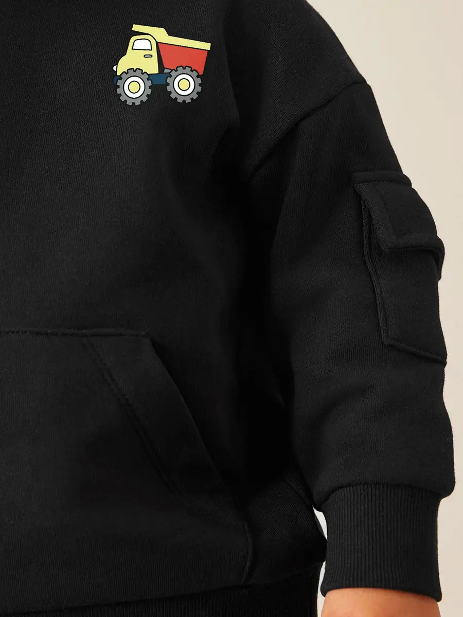 Kids Hoodie Sweatshirt Set Black Truck Embroidery