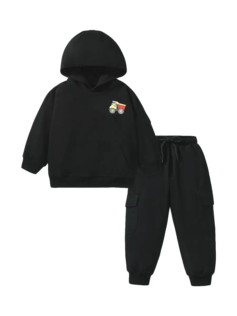 Kids Hoodie Sweatshirt Set Black Truck Embroidery