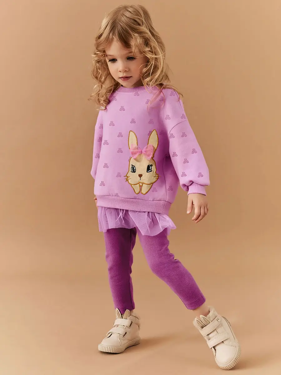 Girls Bunny Embroidered Sweater Suit Pink Purple