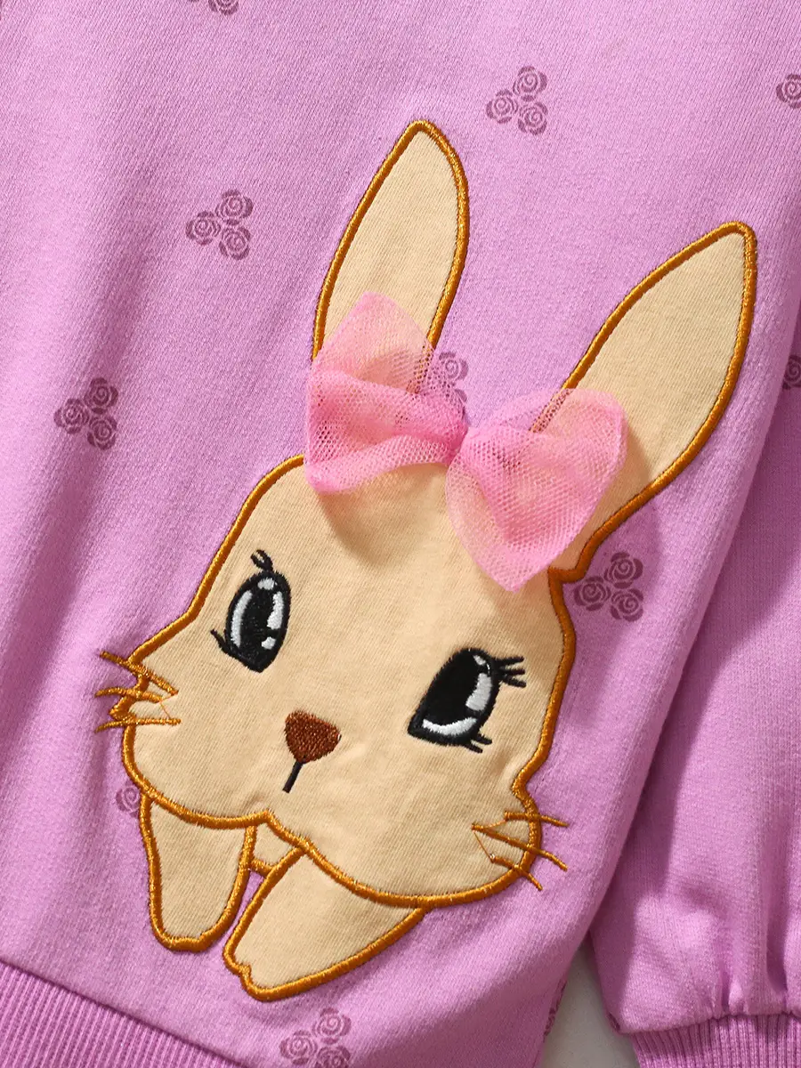 Girls Bunny Embroidered Sweater Suit Pink Purple
