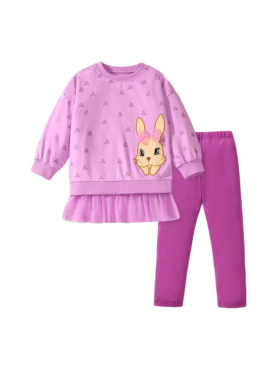 Girls Bunny Embroidered Sweater Suit Pink Purple