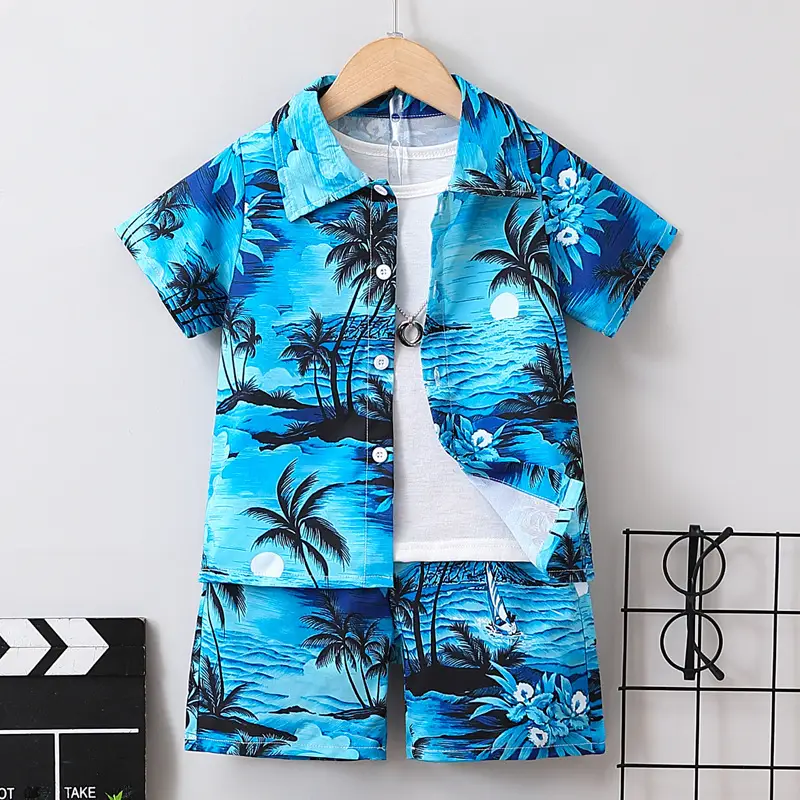 Kids Tropical Print Cardigan Shorts Set Blue